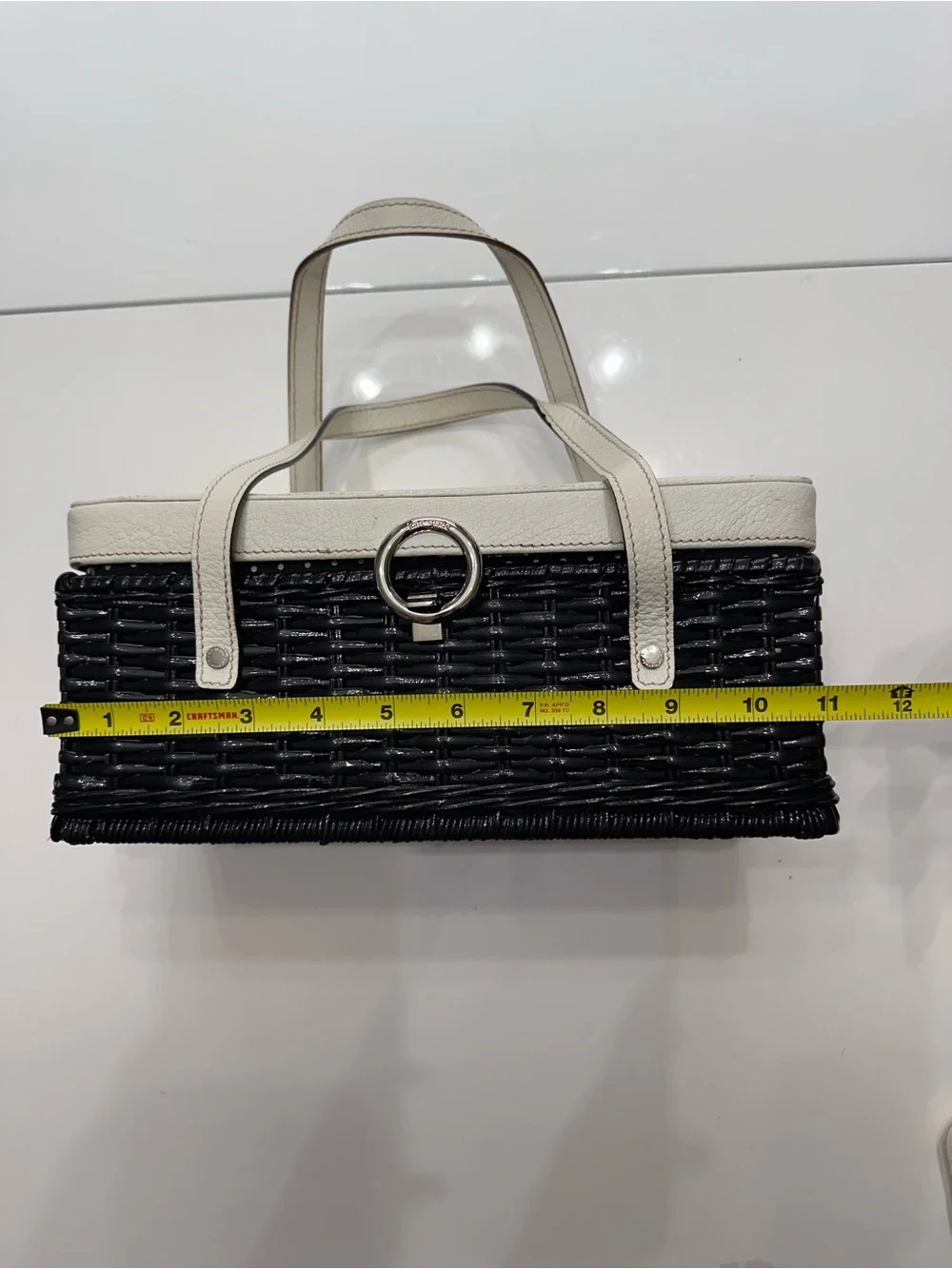 Vintage Kate Spade Black Wicker Basket Bag Top Handle Cream Leather Trim